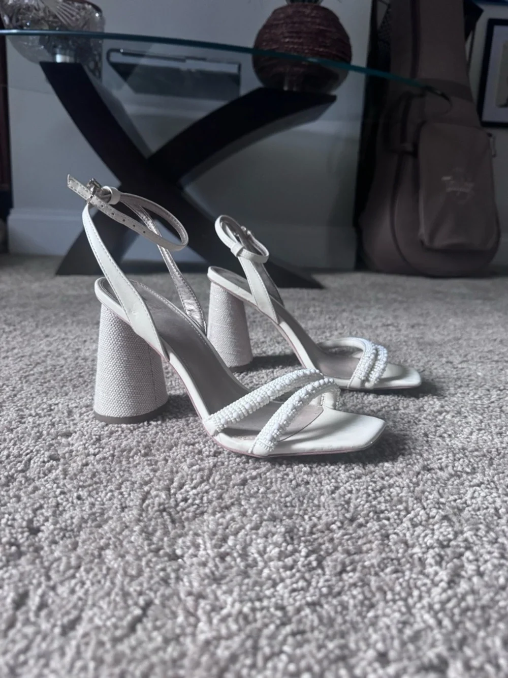 Sam Edelman Women's Ivory Beaded Block Heel Sandals - Elegant Ankle Strap